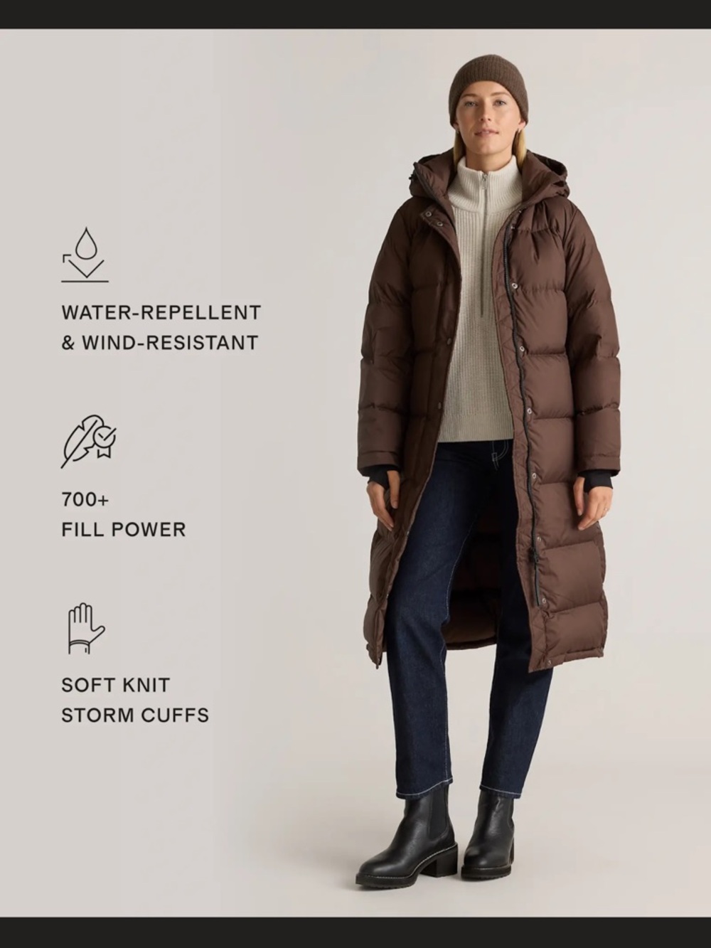 Quince Still in bag - Brown Quilted Puffer Coat with Hood -  Long Winter Jacket - Picture 5 of 9